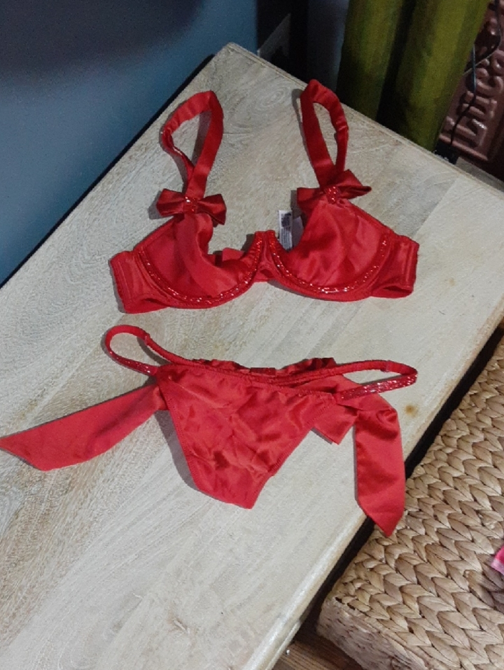 Victoria's Secret Red Satin Bra & Tie-Side Bikini Set